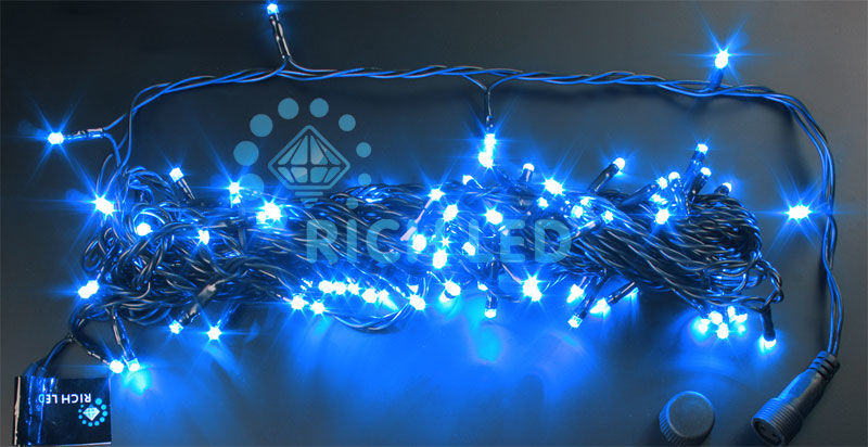 Светодиодная гирлянда Нить10 м, 100 LED, 24 В, соединяемая,синяя, черный провод