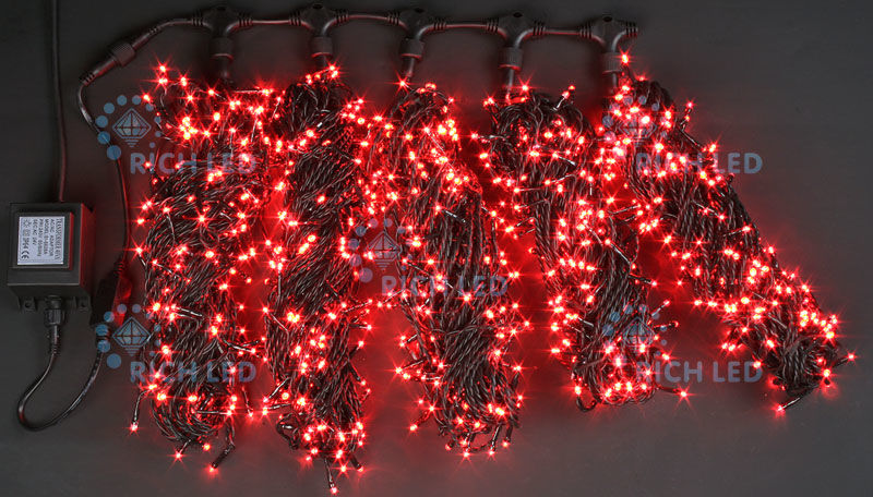 Светодиодная гирлянда LED 5 Нитей по 20 м, 24В, красная, постоянное свечение