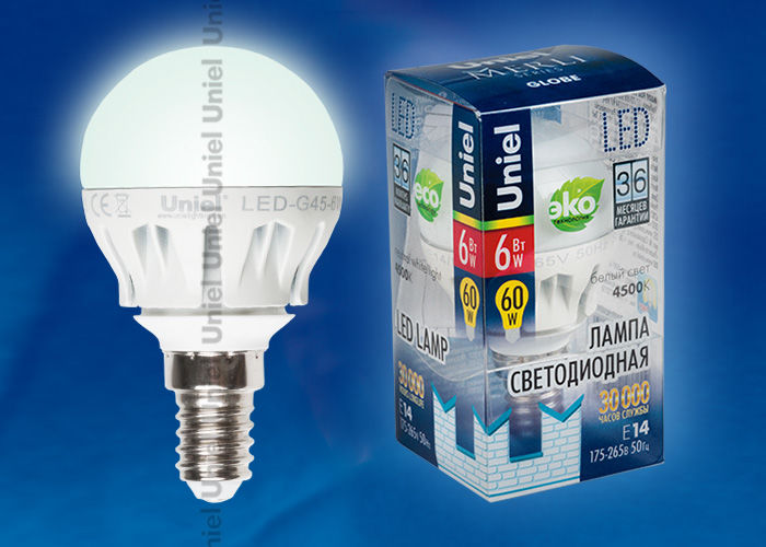 Лампа светодиодная LED-G45-6W/NW/E14/FR ALM01WH пластик