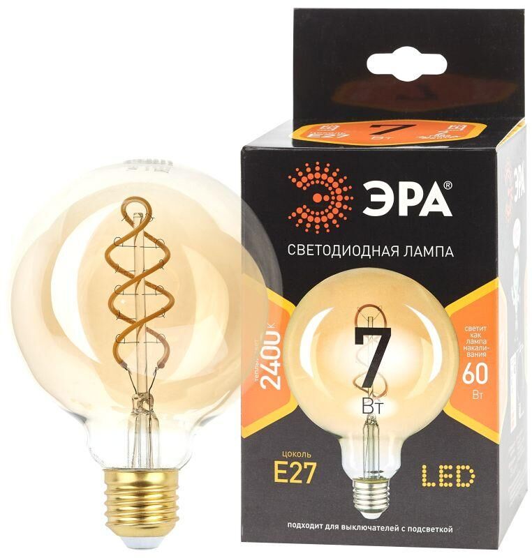 Лампа светодиодная F-LED G95-7W-824-E27 spiral gold (филамент шар спир. зол. 7Вт тепл. E27) (20/560) ЭРА Б0047663 Эра