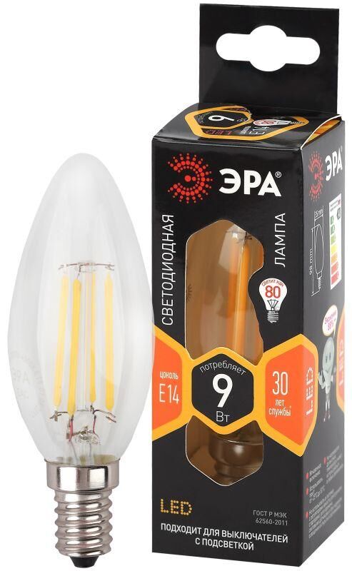 Лампа светодиодная филаментная F-LED B35-9w-827-E14 B35 9Вт свеча E14 тепл. бел. ЭРА Б0046991 Эра