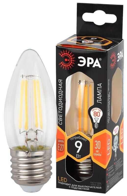 Лампа светодиодная филаментная F-LED B35-9w-827-E27 B35 9Вт свеча E27 тепл. бел. ЭРА Б0046993 Эра