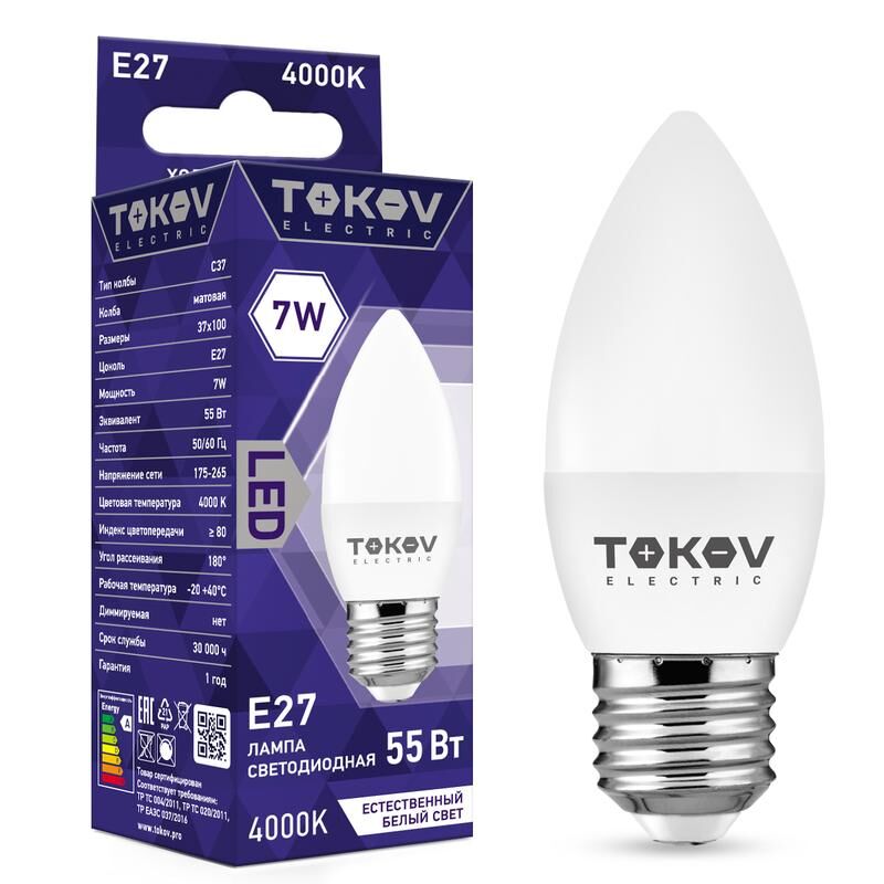 Лампа светодиодная 7 Вт С37 4000К Е27 176-264В TOKOV ELECTRIC TKE-C37-E27-7-4K