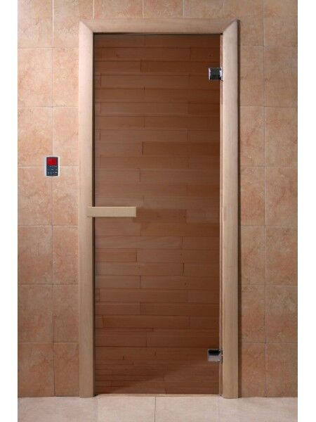 Дверь стеклянная для бани и сауны Бронза с рисунком (коробка хвоя) 190*70, 6мм, 2 петли