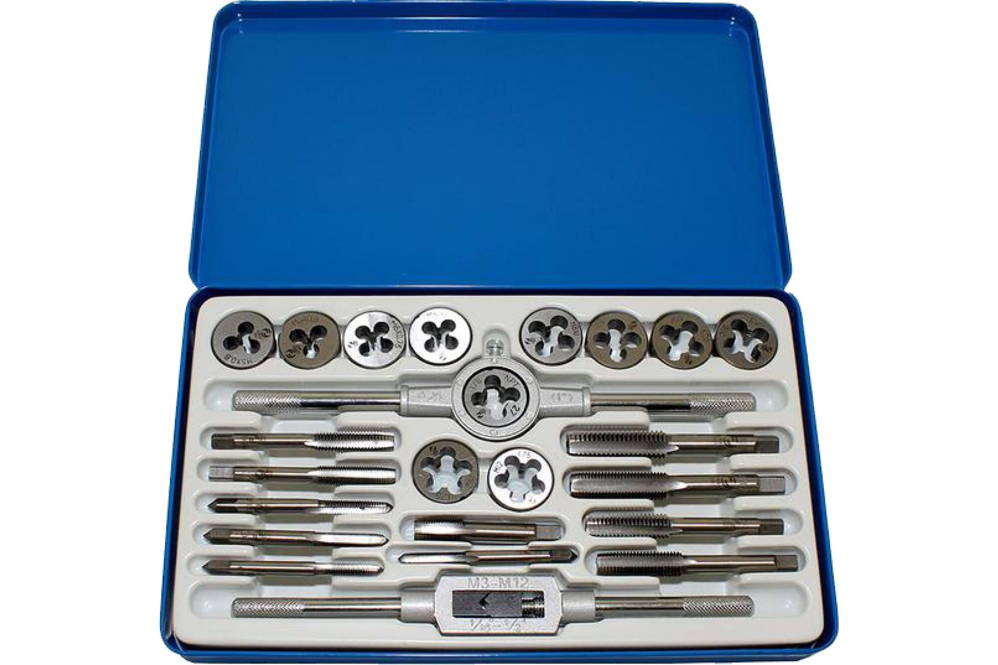 Комплект резьбонарезного инструмента: вороток и плашкодержатель CNIC и по 11 метчиков и плашек М5-М12 SМ024-1 65503