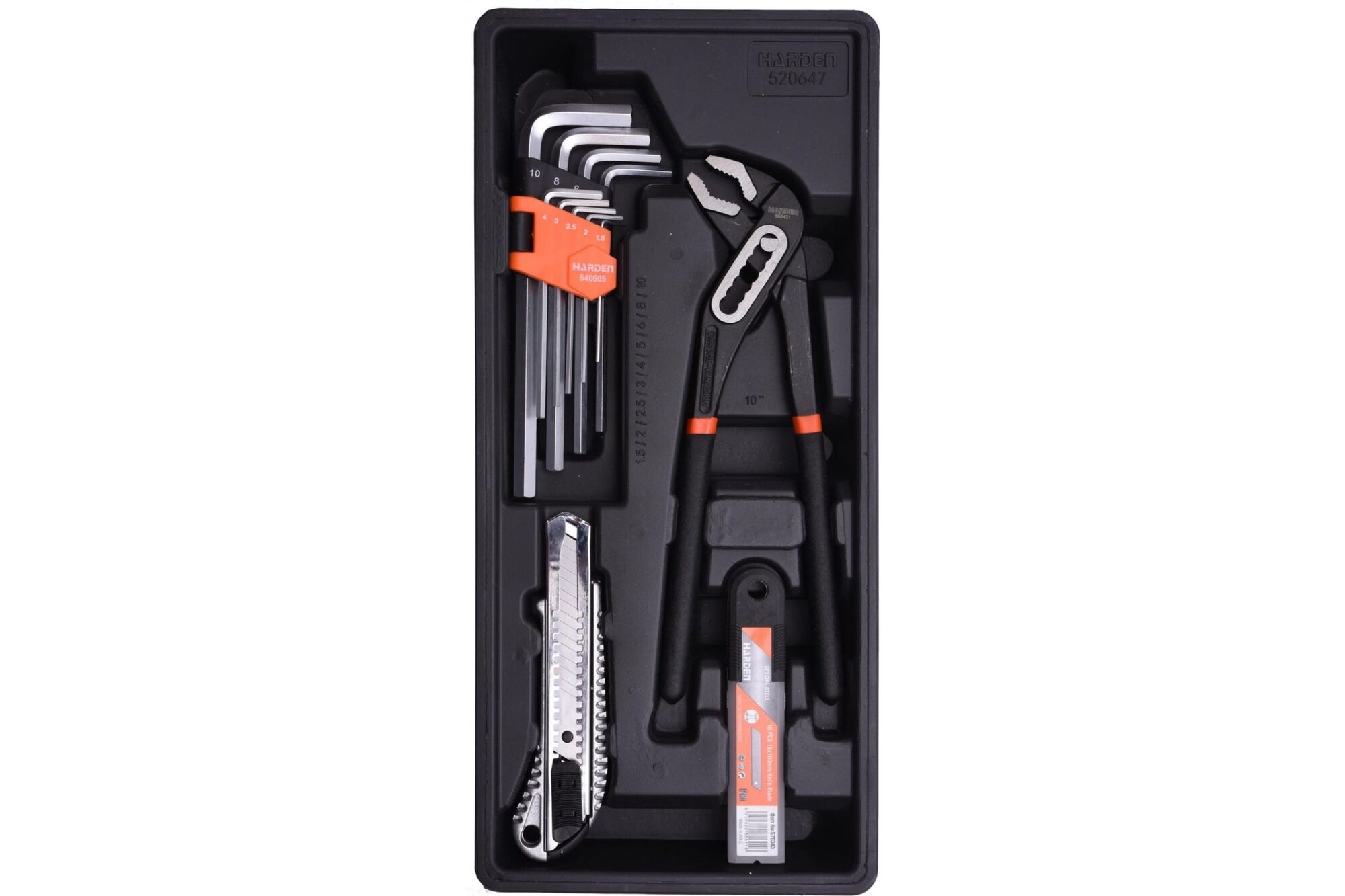 Набор инструментов HARDEN 21 предмет: клещи переставные, ключи имбусовые, нож с лезвиями 520647