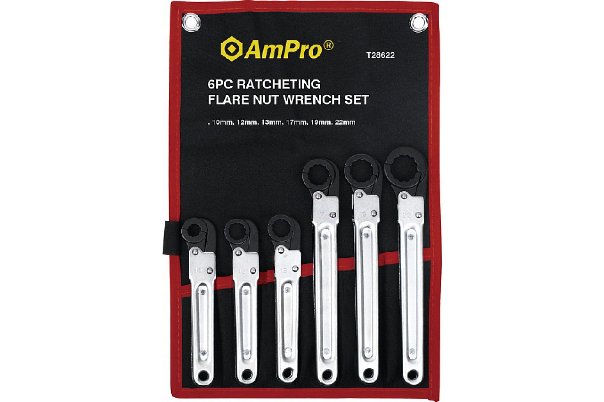 Набор ключей AmPro накидных раскрывающихся с трещоткой, 6 предметов, 10-22мм T28622