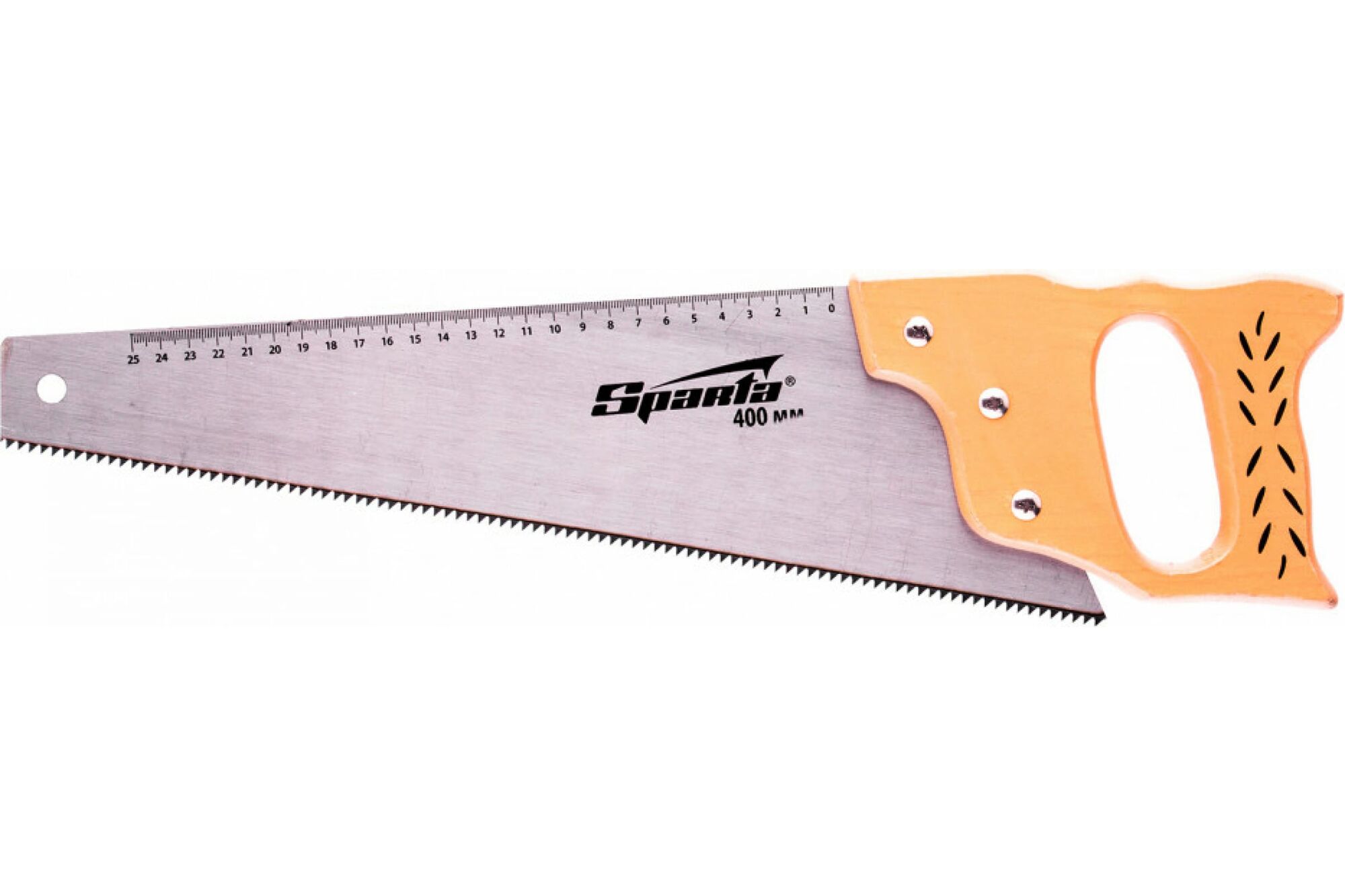 Ножовка по дереву SPARTA 400 мм, 7-8 TPI, каленый зуб, линейка, деревянная рукоятка 231855
