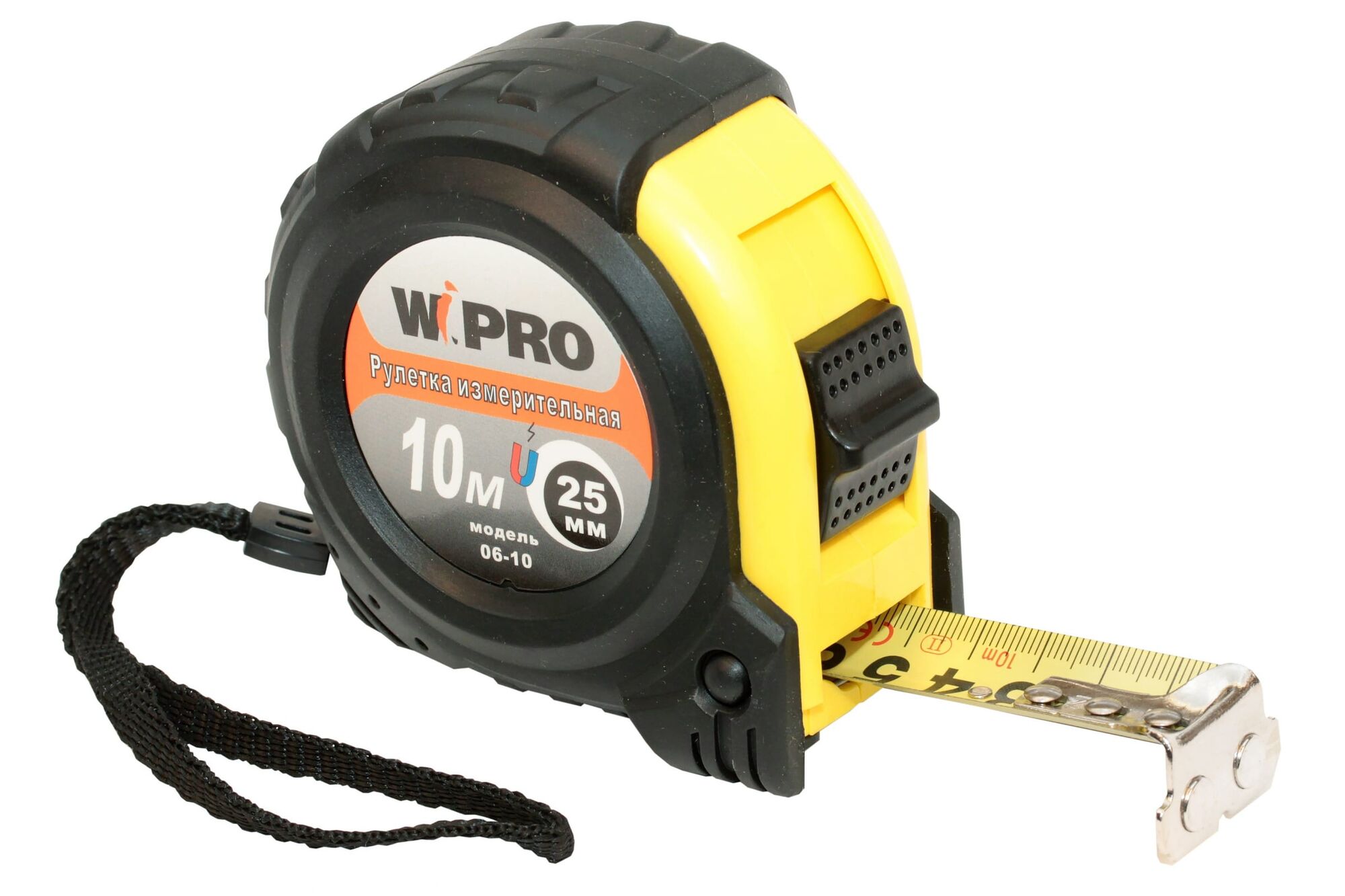 Рулетка WIPRO 10 м х 25 мм, АБС-пластик + магнитный упор + резина, толщина 0.115 мм 06-10