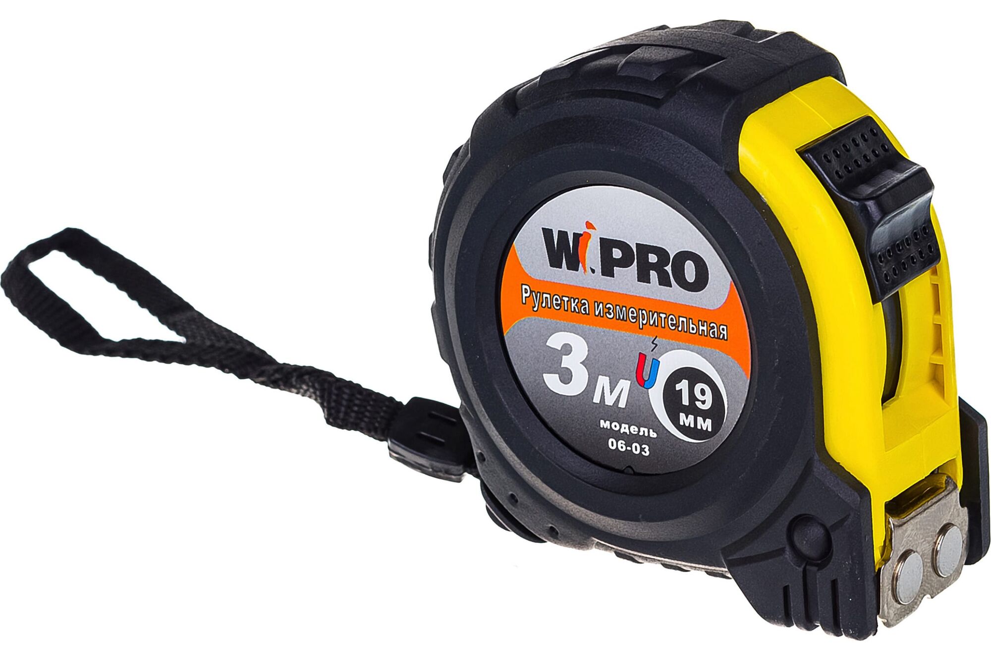 Рулетка WIPRO 3 м х 19 мм, АБС-пластик + магнитный упор + резина, толщина 0,115 мм 06-03