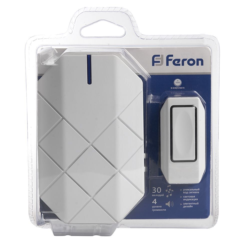Звонок дверной беспроводной Feron E-377 41433 Электрический 30 мелодий белый с питанием от батареек
