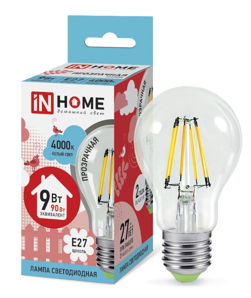 Лампа LED-A60-deco 9Вт 230В Е27 4000К 1040Лм 4690612008073 IN HOME