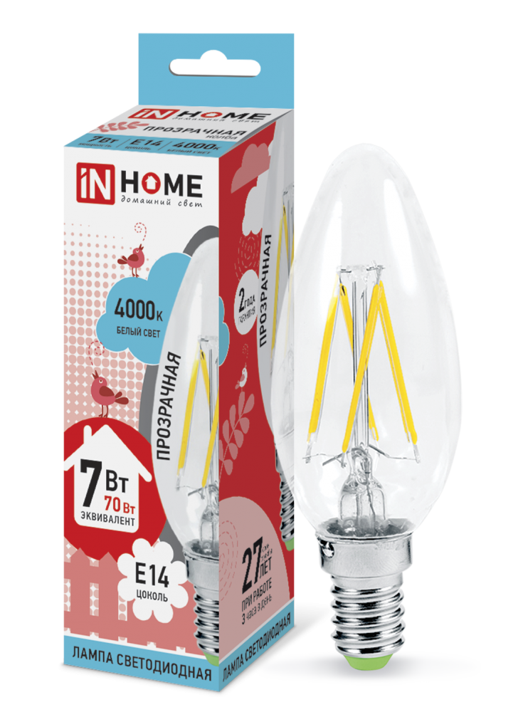 Лампа сд LED-СВЕЧА-deco 7Вт 230В Е14 4000К 810Лм прозрачная IN HOME