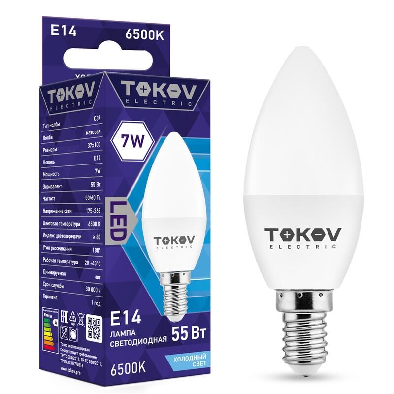 Лампа светодиодная 7 Вт С37 6500К Е14 176-264В TOKOV ELECTRIC TKE-C37-E14-7-6.5K
