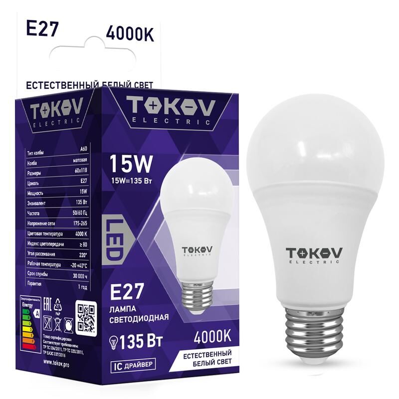 Лампа светодиодная 15 Вт А60 4000К Е27 176-264В TOKOV ELECTRIC TKE-A60-E27-15-4K