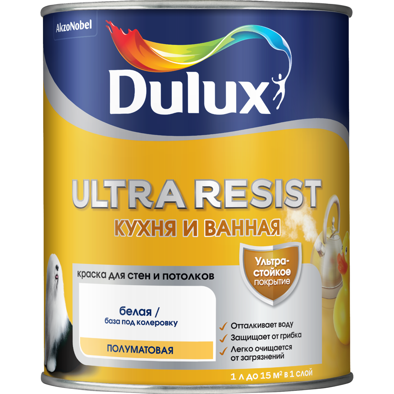 Краска Dulux ULTRA RESIST Кухня и Ванная полуматовая BW 1 л 5239229