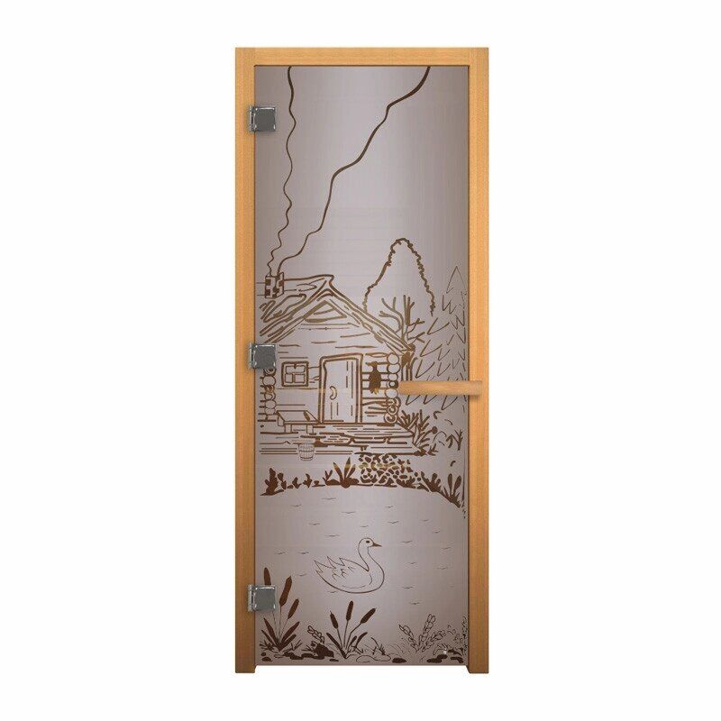 Дверь стекло Сатин Матовая "Банька" 1900х700 мм (8мм, 3 петли 710) (Магнит) (Осина) Везувий Двери для бани и сауны