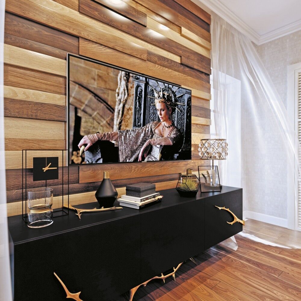 оформление стены ламинатом в гостиной под телевизор