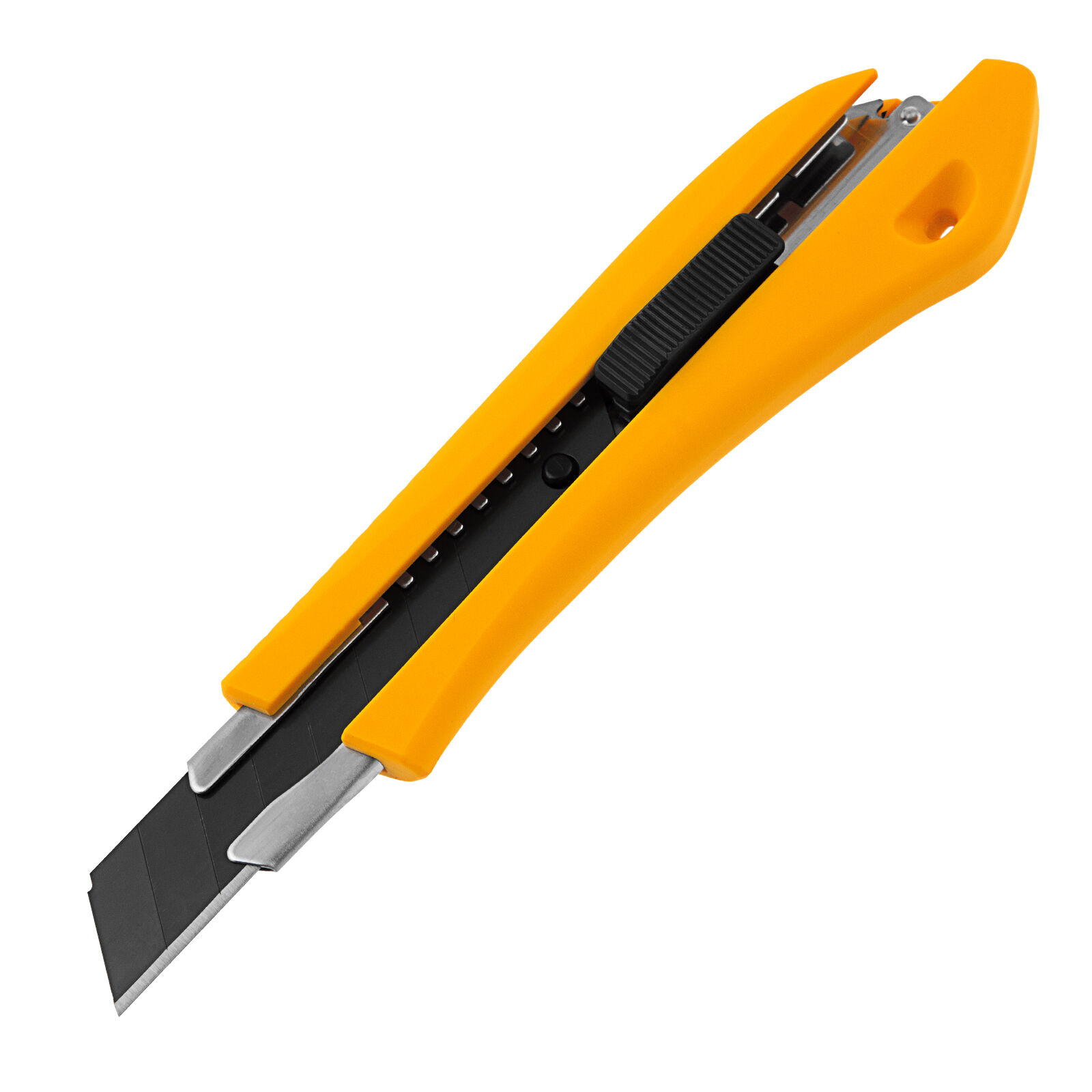 Нож 18 мм, сменное лезвие, SK4, метал. направляющая, нажимной фиксатор Denzel