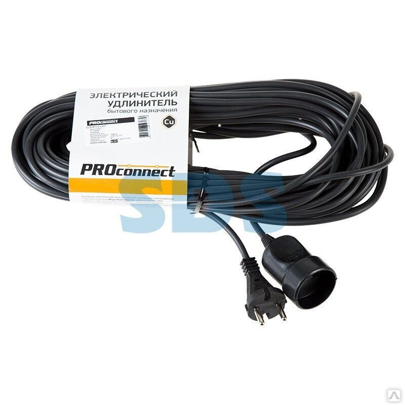 Удлинитель-шнур PROconnect ПВС 2х0.75, 20 м, б/з, 6 А, 1300 Вт, IP20, черный (Сделано в России)