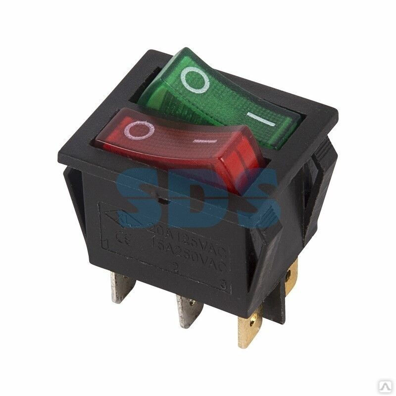 Выключатель клавишный 250 V 15А (6с) ON-OFF красный/зеленый с подсветкой ДВОЙНОЙ REXANT
