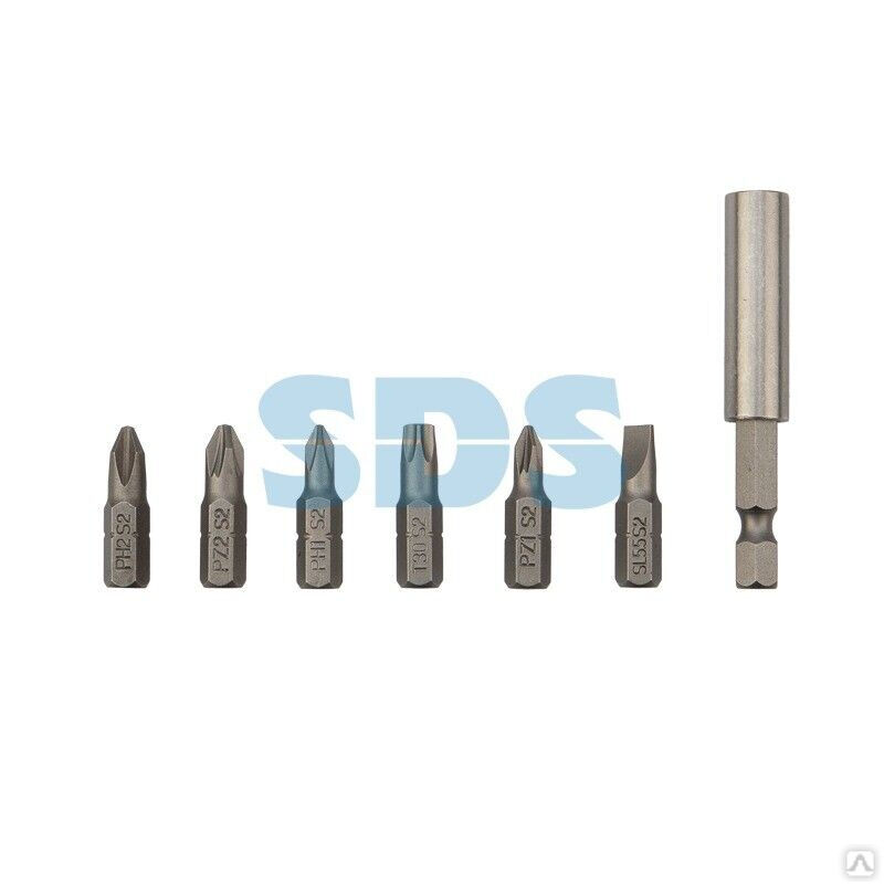 Набор бит 25 мм PH1, PH2, PZ1, PZ2, SL5.5, T30 с магнитным держателем (7 шт./уп) Kranz