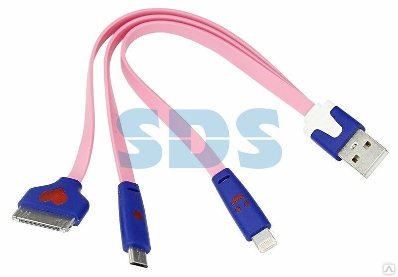 Кабель Lightning/30pin/micro USB/PVC/flat/pink/0,15m/REXANT USB 3 в 1