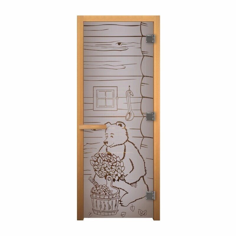 Дверь стекло Сатин Матовая "Мишка" 1900х700 мм (8мм, 3 петли, коробка осина, открывание правое) Везувий Входные двери