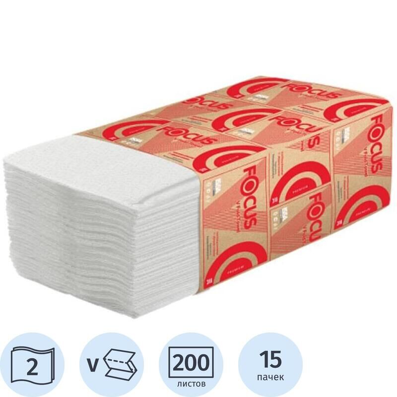 Полотенца бумажные листовые Focus Premium V-сложения 2-слойные 15 пачек по 200 листов