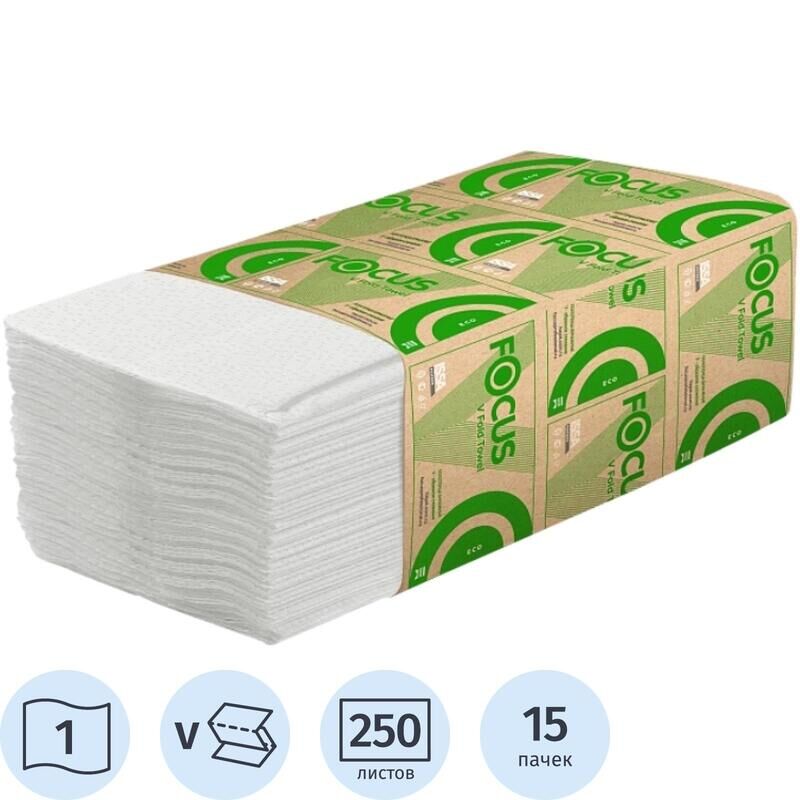 Полотенца бумажные листовые Focus Eco V-сложения 1-слойные 15 пачек по 250 листов