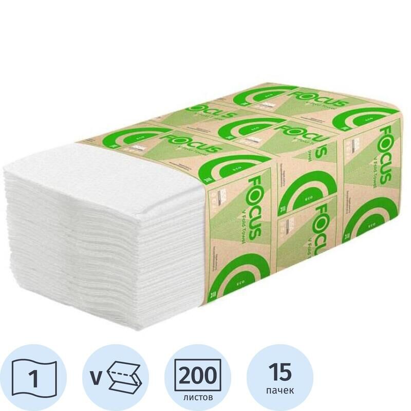 Полотенца бумажные листовые Focus Eco V-сложения 1-слойные 15 пачек по 200 листов