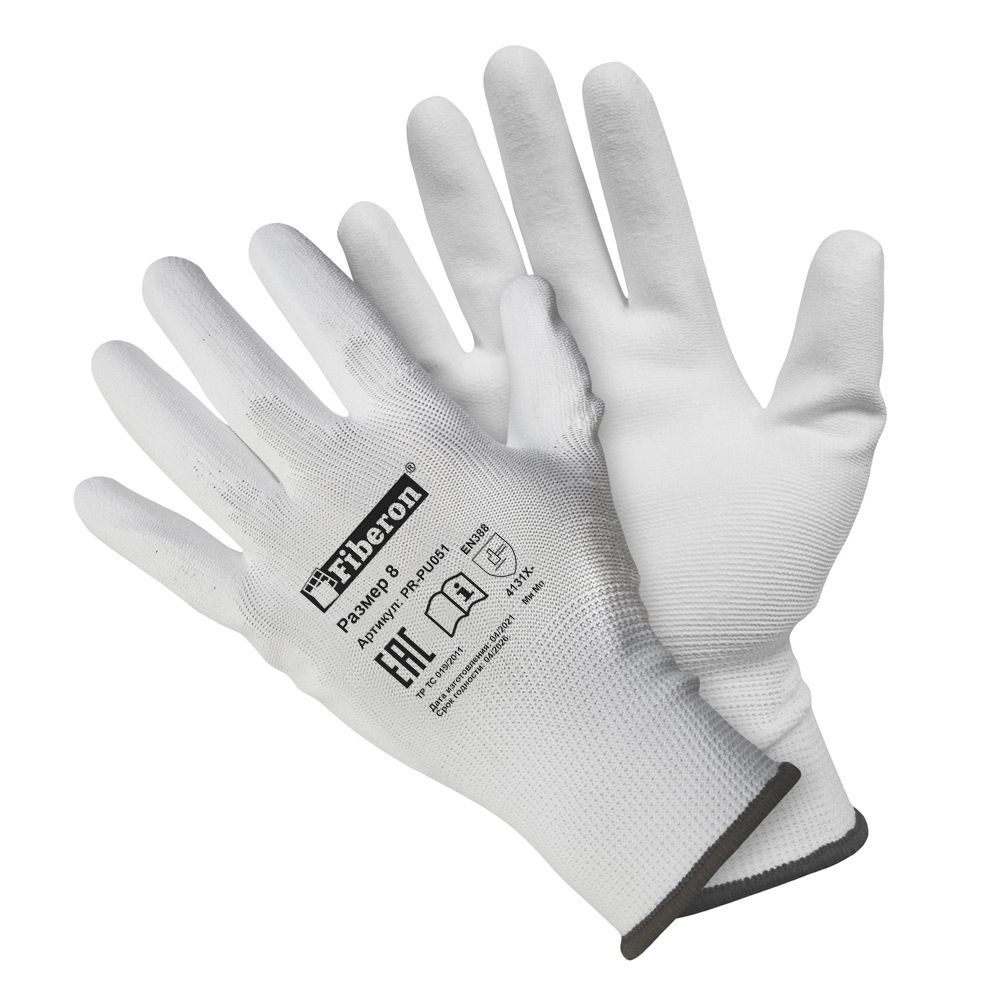 Перчатки полиэстер полиуретан покр белые M для т.р. в и/у «Fiberon» PR-PU051 1/12/120/- ГПЮ