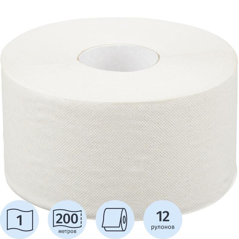 Бумага туалетная в рулонах 1-слойная 12 рулонов по 200 метров (артикул производителя 1052058) NoName