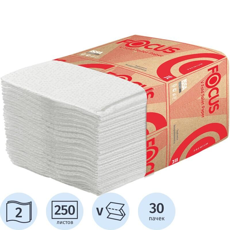 Бумага туалетная листовая Focus Premium 2-слойная 30 пачек по 250 листов (артикул производителя 5049979)