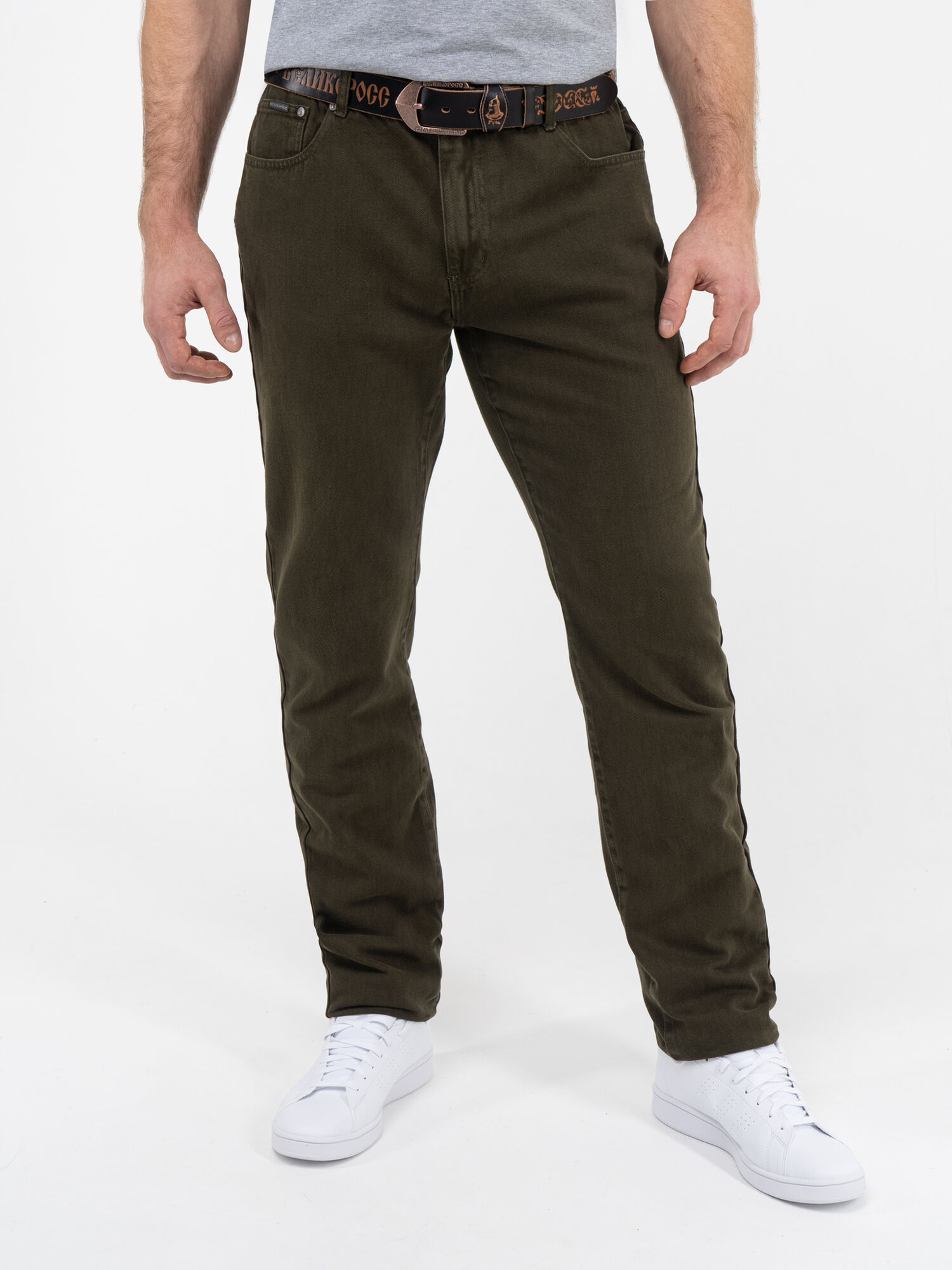 Плотные джинсы серо-зелёного цвета из 100%-ного премиального хлопка