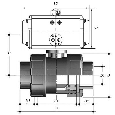 Кран шаровой компрессионный ПВХ APV-FEMP Дн15 двухходовой с пневмоприводом DN.ru DA-052 двойного действия 4