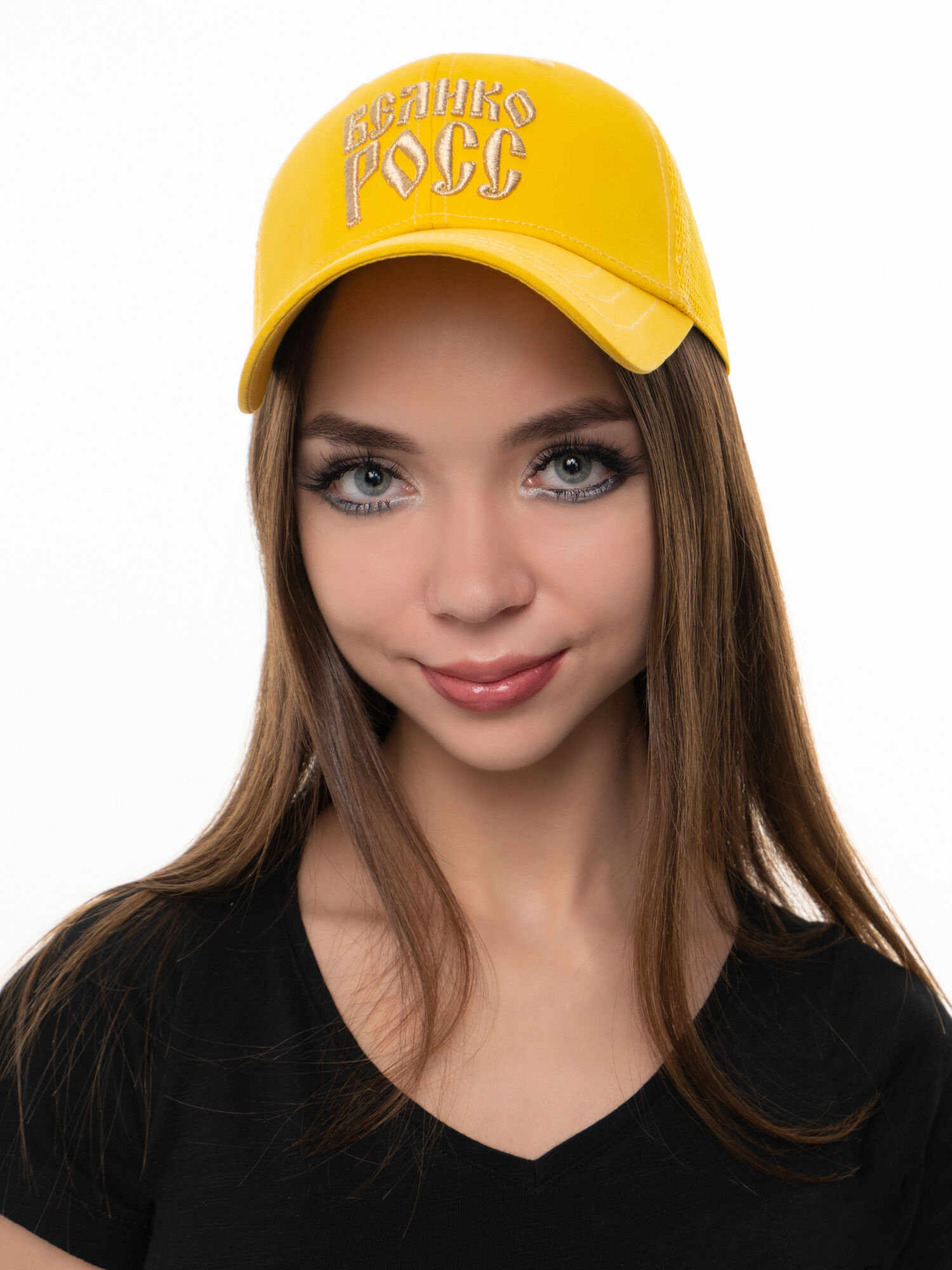 Бейсболка с сеткой «Великая Россия» жёлтого цвета с 3D вышивкой лого