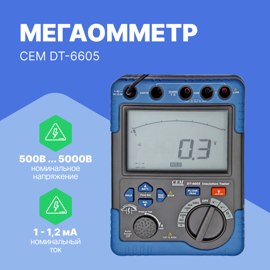 Измерители сопротивления электроизоляции (мегаомметры) CEM Industries CEM DT-6605 Мегаомметр (Без поверки)
