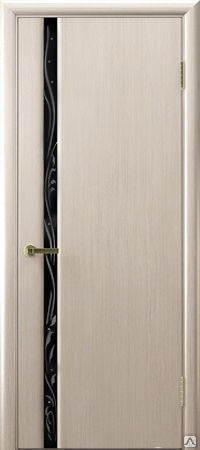 Дверь шпон Венеция бел. дуб ( чёрное узкое стекло с рисунком и стразами) .