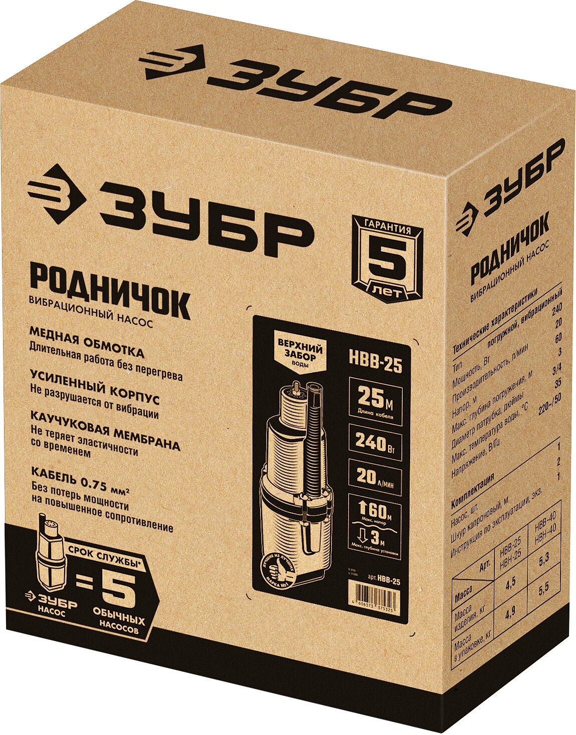 ЗУБР Родничок-В, 25 м, вибрационный насос с верхним забором (НВВ-25) Зубр