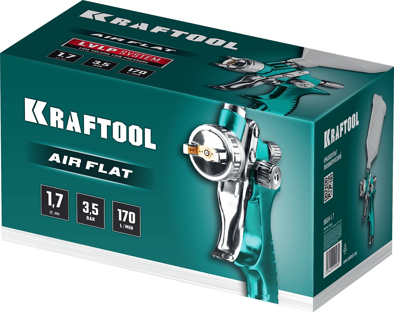 KRAFTOOL AirFlat, LVLP, 1.7 мм, пневматический краскопульт с верхним бачком (06524-1.7)